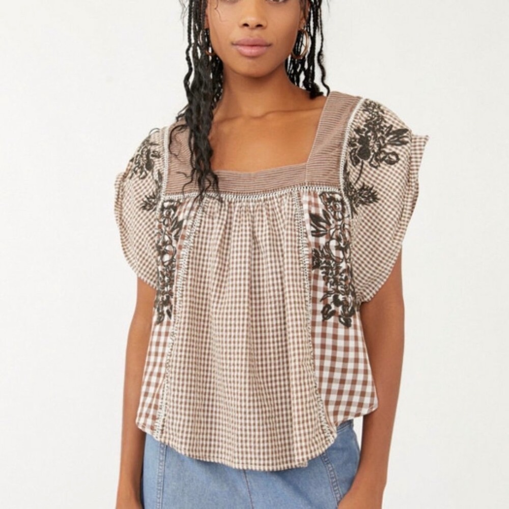Free People We The Free Half Moon Top Patchwork Gingham Peasant Brown - Large